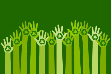 raising hands with a recycle symbol. eco friendly raising hands with a recycle symbol. eco friendly design template. care of environment concept. vector